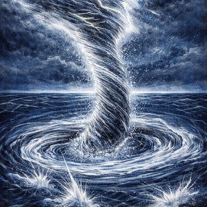 Peut inclure: Peinture dramatique d'une trombe marine, une colonne d'eau tourbillonnante, s'élevant de l'océan. L'œuvre présente des nuances de bleu et de blanc, avec des éclairs au sommet de la trombe. La surface de l'océan est agitée.