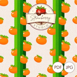 Pode incluir: Um padrão repetido de tangerinas laranja com folhas verdes e listras verdes verticais. Um logotipo circular com um morango e o texto "Strawberry Studio" está centralizado. A imagem também inclui os textos "PDF" e "JPG".