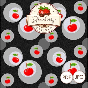 Pode incluir: Um padrão repetitivo de cerejas vermelhas com folhas verdes dentro de círculos cinzentos sobre um fundo preto. A imagem também apresenta um logotipo que diz "Strawberry Studio" com um morango no topo.
