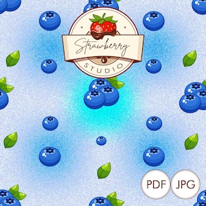 Pode incluir: Ilustração digital com fundo azul claro, adornada com mirtilos e folhas verdes. Um logotipo circular central mostra um morango e o texto "Strawberry Studio". A imagem também inclui ícones "PDF" e "JPG".