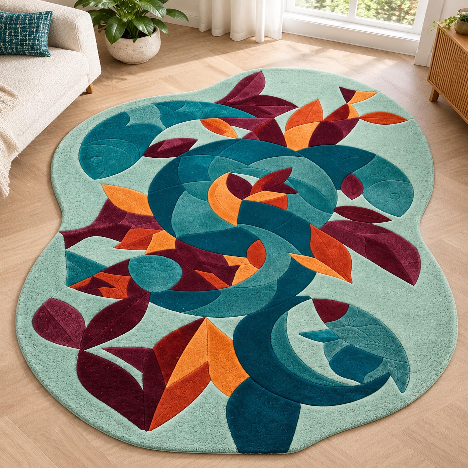 Double Rug Design Buy Handmade Wool Tufted Rug, Abstract Botanical Design, Teal Orange ...