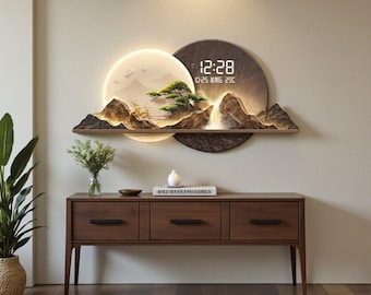 Moderne led-wandklok met 3D-geïnspireerd berglandschapsontwerp, digitaal display, verlichte zen-muurdecoratie, minimalistisch woonkameruurwerk