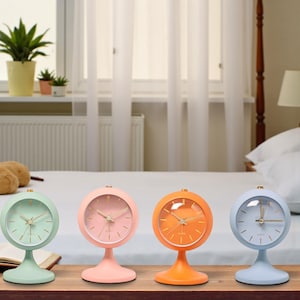 Vintage Pastel Desk Clock with Stand | Retro Silent Non-Ticking Table Clock for Bedroom Decor | Cute Mint Pink Orange Blue Alarm Style Clock