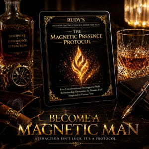 May include: A digital tablet displays the book "The Magnetic Presence Protocol" by Rudy. The cover features a golden flame design. Additional items include a bottle of liquor, a watch, a cigar, and a glass of whiskey. The text "Become a Magnetic Man" is also visible.