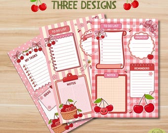 Cherry afdrukbare planner bundel X3, Kawai afdrukbaar notitieblok, dagelijkse takenlijst, kawaii Cherry Coquette dagelijkse planner, digitaal briefpapier pdf