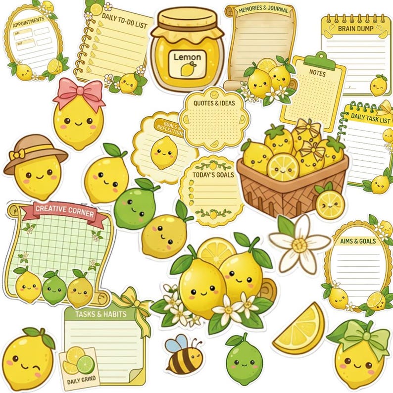 Printable Lemon Planner Stickers Bundle 24 Set, Kawaii Lemon Stickers ...
