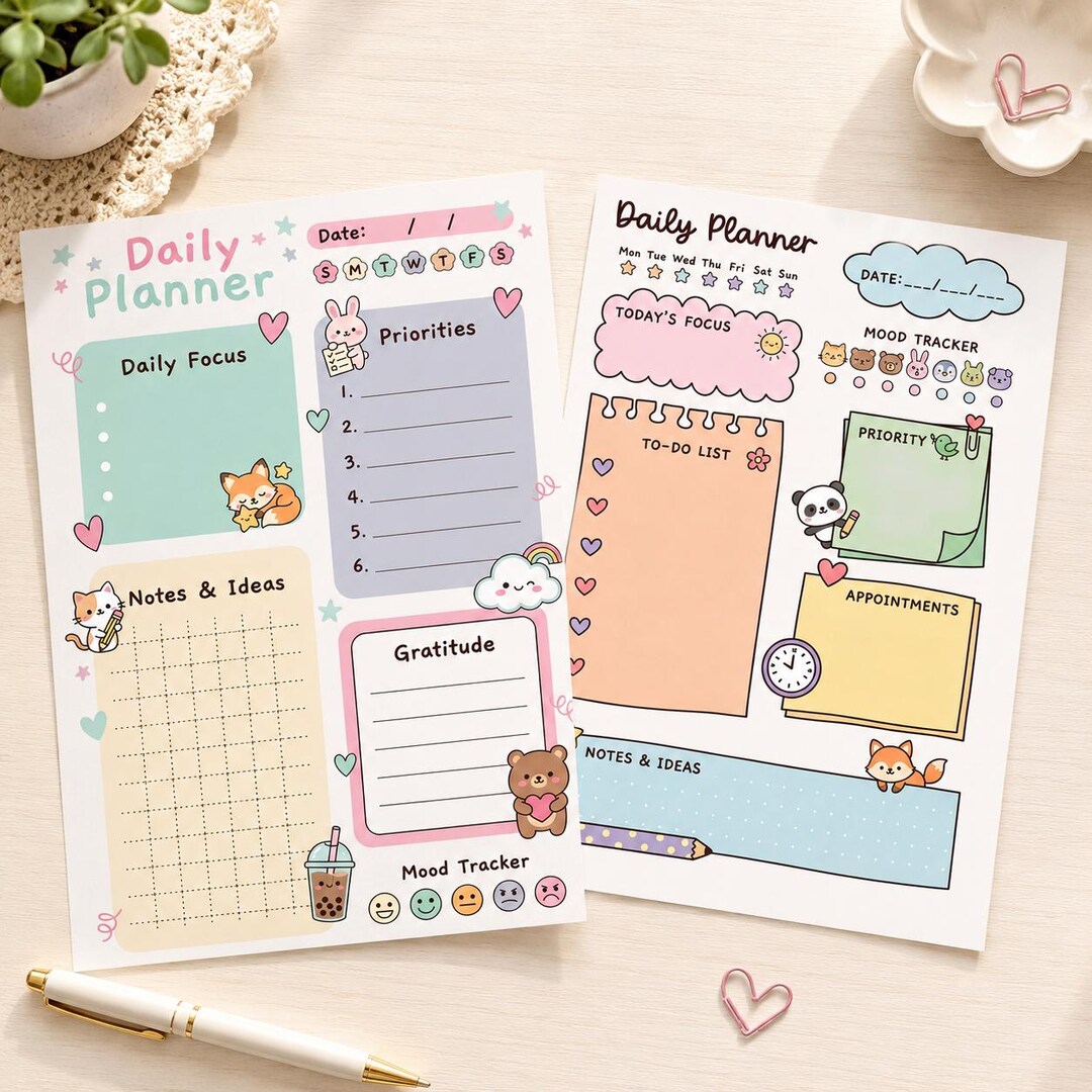 Kawaii Daily Planner Printable PNG Set | 2 Cute Pastel Daily Planner ...