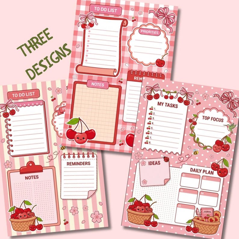 Cherry Printable Planner Bundle X3, Kawai Printable Notepad, Daily to ...