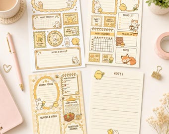 Afdrukbare bundel kawaiiplanner, 4 schattige notitiepagina's png, wekelijkse doelen, gewoontetracker, notities, digitale download, 4 plannerpagina's png