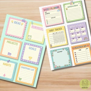 May include: A collection of colorful sticky notes with various headings like "Daily Planner," "Ideas," and "Shopping List." Each note features a unique design with pastel colors, illustrations, and grid lines, perfect for organizing tasks and reminders.