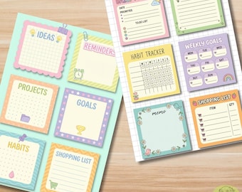 Leuke afdrukbare set notitieblok png, bundel met 2 pagina's pastel planner notities, kawaii memoblokken, gewoontetracker, doelen, boodschappenlijstje, direct downloaden