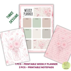 Könnte beinhalten: Ein Set aus drei bedruckbaren Papierdesigns: ein Wochenplaner und zwei Notizblöcke. Der Wochenplaner hat ein rosa Blumendesign mit einer To-Do-Liste und täglichen Abschnitten. Die Notizblöcke zeigen Blumenillustrationen. Der Text lautet "DREI DESIGNS".