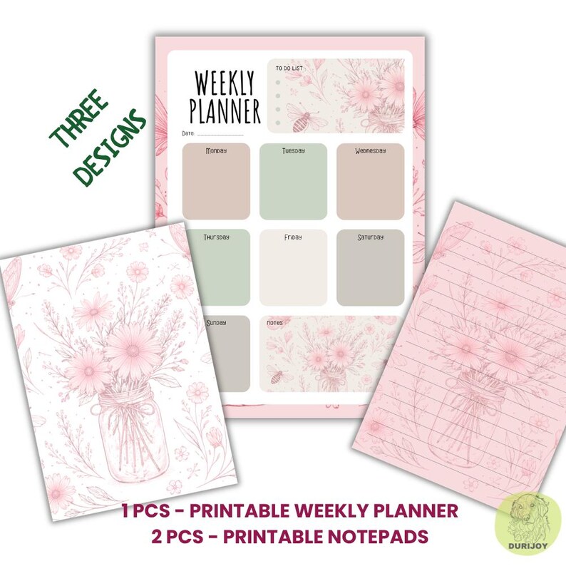 Printable Floral Weekly Planner and Notepad Set, A4 PNG 3-in-1 Planner ...