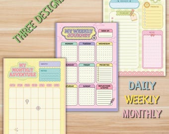 Cute Planner Printable Bundle, Daily Weekly Monthly Planner Set, Kawaii Pastel Planner PDF, Aesthetic Productivity Pages, Instant Download