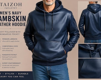Jaqueta masculina TAIZOH em couro de cordeiro azul-marinho com capuz – Pulôver de couro genuíno macio com bolso canguru | Jaqueta streetwear de luxo feita à mão