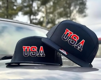 USA Embroidered Trucker Hat, Patriotic American Flag Snapback Cap, 7 Panel Mesh Hat, 4th of July Gift for Men