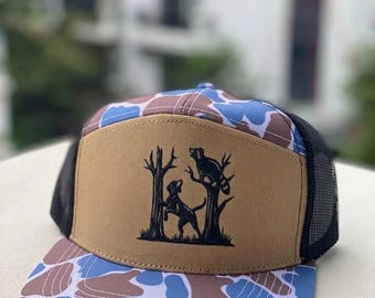 Coon Hunting Embroidered Trucker Hat, Hound Dog Treeing Raccoon Cap, Camo Brim Hunting Hat, Outdoor Hunter Gift for Men