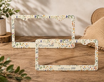 Custom Wildflower License Plate Frame 1pc, Personalized Floral Metal Car Tag Holder, Cottagecore Garden Monogram Gift