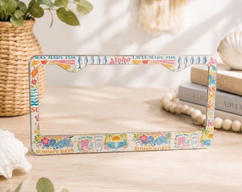Summer License Plate Frame 1pc, Beach Car Accessory, Coastal Ocean Hawaii Plate Cover, Groovy Floral Metal Car Frame
