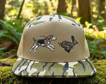 Embroidered Beagle & Rabbit Hunting Hat, 7-Panel Snapback, Retro Bottomland Camo Trucker Hat, Rabbit Hunting Gear, Gift for Dog Dad