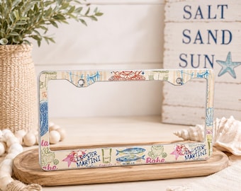 Coastal Summer License Plate Frame 1 PC, Lobster and Sardine Car Tag Frame, Beach Vacation Car Accessory, Coastal Grandmillennial Decor