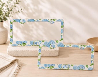 Personalized Blue Hydrangea License Plate Frame, Floral Car Decor, Custom Name License Plate Holder, Botanical Auto Accessory Gift