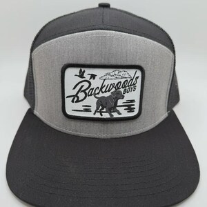 Backwoods Boys Grey Black 7 Panel Hat, Sublimated Running Dog Patch Cap, Outdoor Hunting Gear, Modern 7-Panel Snapback, Gift for Him