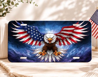 American Flag Eagle License Plate, Patriotic USA Car Tag, Bald Eagle Metal Front Plate, Freedom Vehicle Decor, Veteran Gift