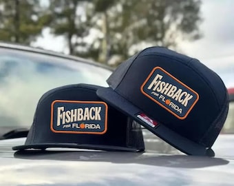 Fishback for Florida 7-Panel Trucker Hat, Embroidered Patch Fishing Cap, Flat Bill Snapback, Florida Angler Style Hat