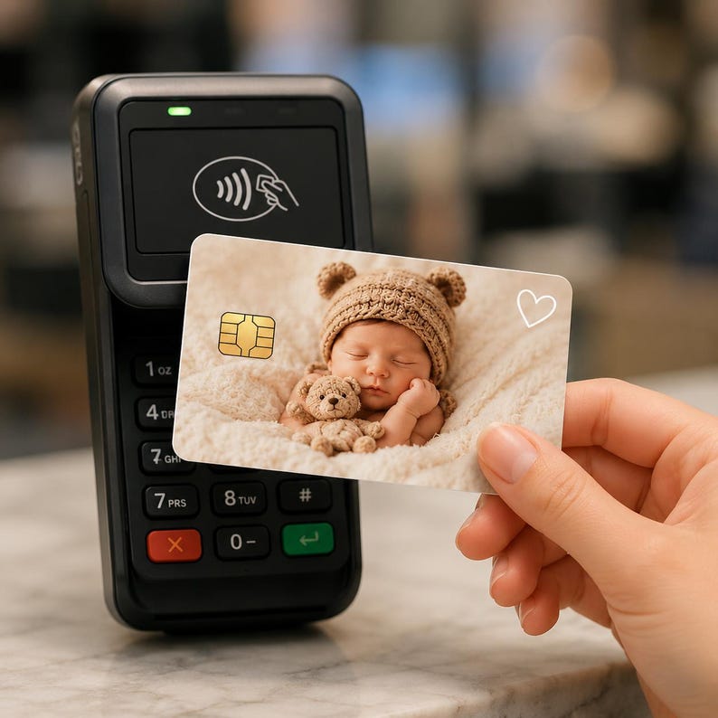 Puede incluir: Un terminal de punto de venta (TPV) negro con un s&iacute;mbolo de pago sin contacto. Una tarjeta de cr&eacute;dito con un beb&eacute; con un gorro de punto y un osito de peluche se sostiene cerca del terminal. La tarjeta tiene un s&iacute;mbolo de coraz&oacute;n.