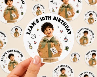 Custom Photo Birthday Stickers, Personalized Party Favor Labels for Milestone Birthdays And Events