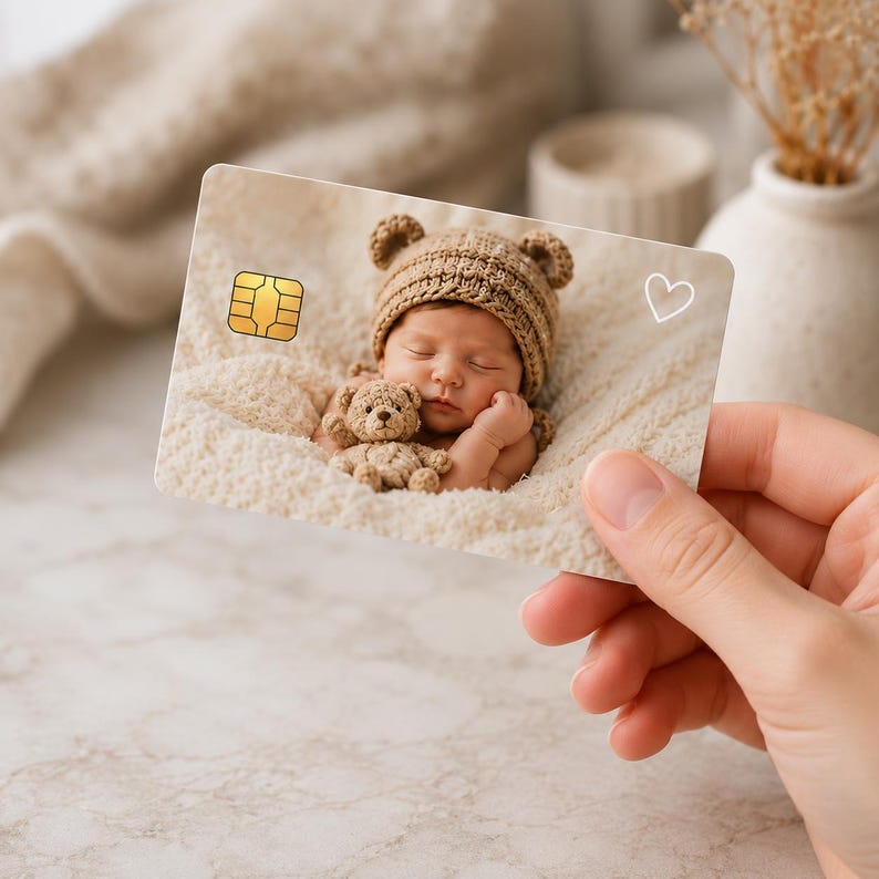 Puede incluir: Una tarjeta de cr&eacute;dito con una fotograf&iacute;a de un beb&eacute; dormido con un gorro de oso tejido y un osito de peluche. La tarjeta tiene un chip dorado a la izquierda y un contorno de coraz&oacute;n blanco a la derecha.