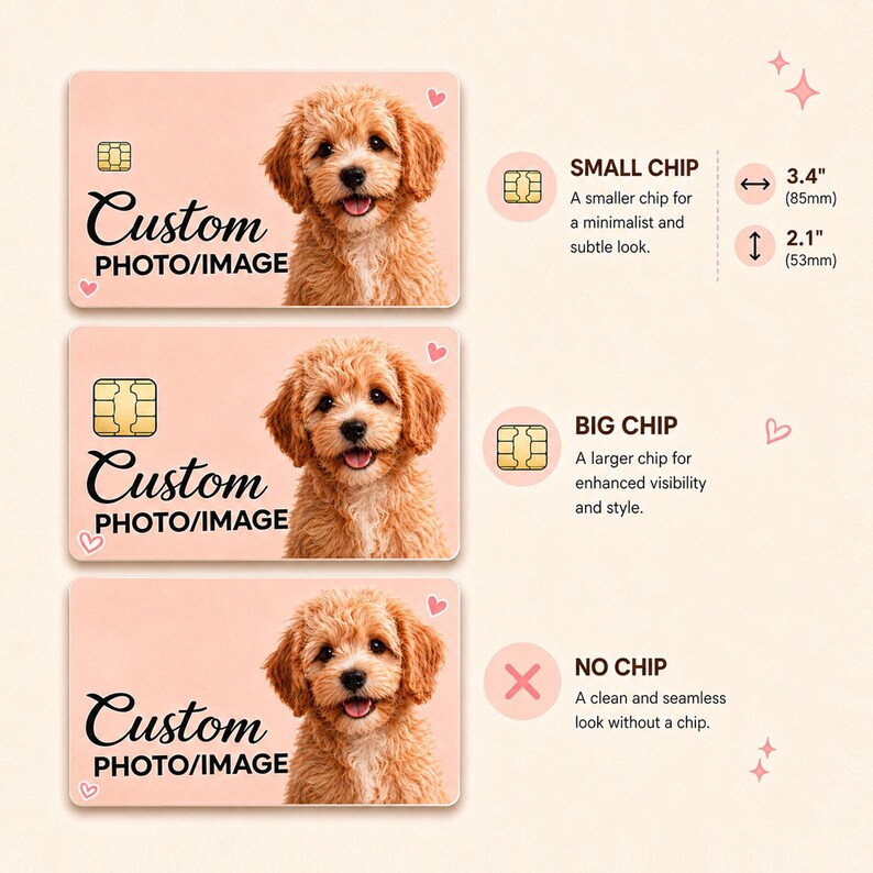 May include: Three custom photo cards with a light peach background and a smiling dog image. The cards have options for a small chip, a big chip, or no chip. The cards are 3.4 inches (85mm) wide and 2.1 inches (53mm) tall. The text "Custom PHOTO/IMAGE" is displayed.