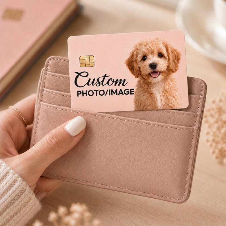 May include: A blush-colored cardholder with a custom card featuring a photo of a fluffy, light brown dog. The card has the words "Custom PHOTO/IMAGE" printed on it. The cardholder is held by a person.