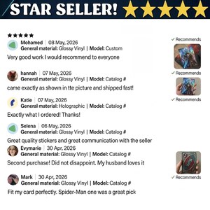 May include: Image showcasing customer reviews for a product, featuring a "STAR SELLER!" banner and five gold stars. Reviews mention "Glossy Vinyl" and "Holographic" materials, with positive feedback and recommendations. Product images are also shown.