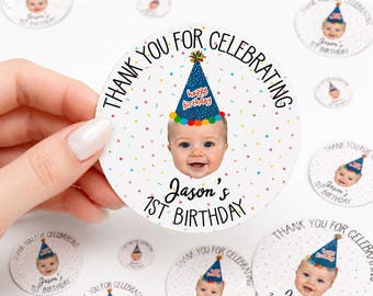 Custom Photo Birthday Stickers, Personalized Thank You Favor Labels, Round Party Waterproof Vinyl Decals