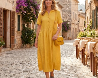 Midi-jurk | Casual losse zomerjurk met korte mouwen en knoopsluiting aan de voorkant
