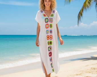 Boho Crochet Kaftan Maxi Dress | Colorful Front Panel Beach Cover Up