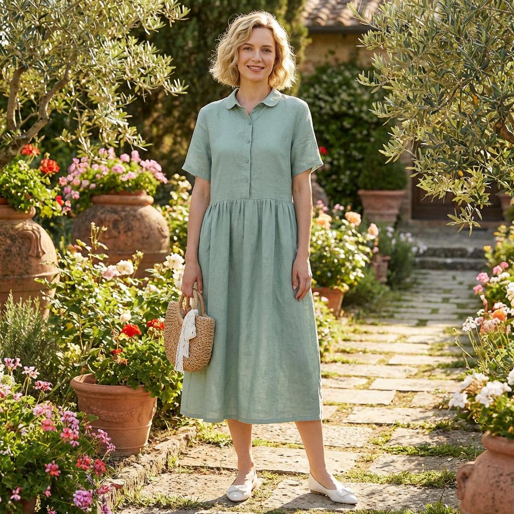 cotton dresses for elderly ladies Summer Elderly Women Short Sleeve Cotton & Linen Midi Dress For Senior Ladies & Elderly Women Over 40, 50, 60 & 70