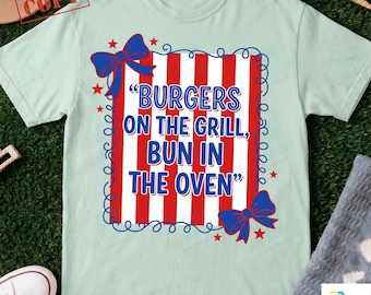 Bułka w piekarniku PNG: Grafika na koszulce BBQ Burgers On The Grill, Koszulka z humorystycznym nadrukiem Daisy Striped Pregnant, Retro patriotyczna sublimacja ciążowa