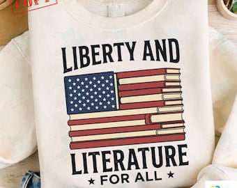 Zabawny miłośnik książek PNG, grafika na koszulce „Wolność i literatura dla wszystkich”, projekt patriotycznej flagi USA, prezent dla bibliotekarza-nauczyciela czytania, prezenty dla kobiet