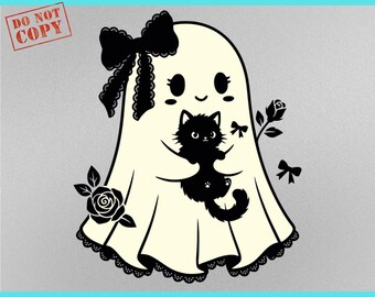 Fantasma Coquette PNG, Design de camiseta com laço de fantasma coquette fofo, Designs PNG de outono femininos, Fantasma de Halloween, Gato preto fofo, Halloween fantasmagórico