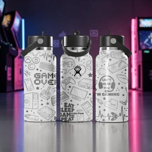 Engraved Gamer Hydro Flask Water Bottle – Gaming Controller Pattern Design – 16oz 24oz 32oz 40oz Insulated Bottle – Video Game Gift