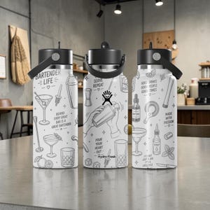 May include: Three white Hydro Flask water bottles with black lids, featuring black line art illustrations of cocktail shakers, glassware, and bar tools, along with text including "Bartender Life," "Serve Repeat," and "Good Drinks Good People Good Times."