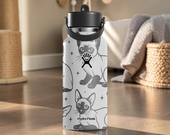 Siamese Cat Engraved Hydro Flask Bottle – Elegant Cat Water Bottle – Blue Eyed Cat Lover Gift – Minimal Pet Tumbler 24oz 32oz 40oz