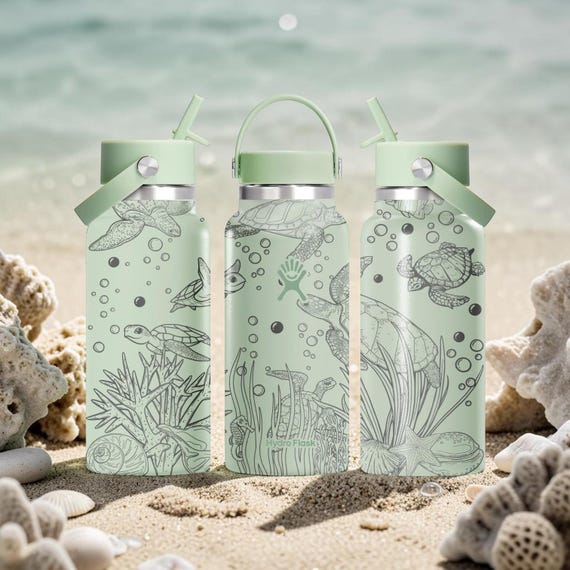 Sea Turtle Engraved Hydro Flask Bottle – Ocean Animal Water Bottle – Beach Aesthetic Tumbler – Marine Life Gift Idea 24oz 32oz 40oz