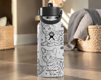 Bengal Cat Engraved Hydro Flask Bottle – Spotted Cat Water Bottle – Exotic Cat Lover Gift – Wild Pet Tumbler 24oz 32oz 40oz