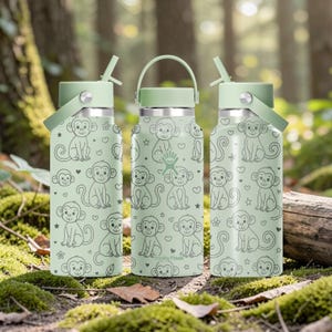 May include: Three Hydro Flask water bottles with a light green background and monkey pattern. Each bottle has a light green lid and straw. The bottles are on moss and leaves. The bottles are approximately 25 cm tall.