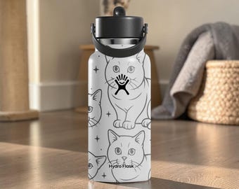 British Shorthair Cat Engraved Hydro Flask Bottle – Round Face Cat Water Bottle – Plush Cat Lover Gift – Minimal Pet Tumbler 24oz 32oz 40oz