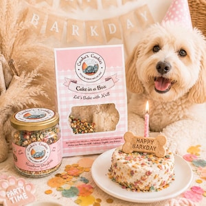 May include: A dog wearing a party hat celebrates a "Happy Barkday" with a cake, bone-shaped cookie, and colorful confetti. The scene includes a banner, a jar of "Rainbow Dogfetti" sprinkles, and a "Cake in a Box" kit.